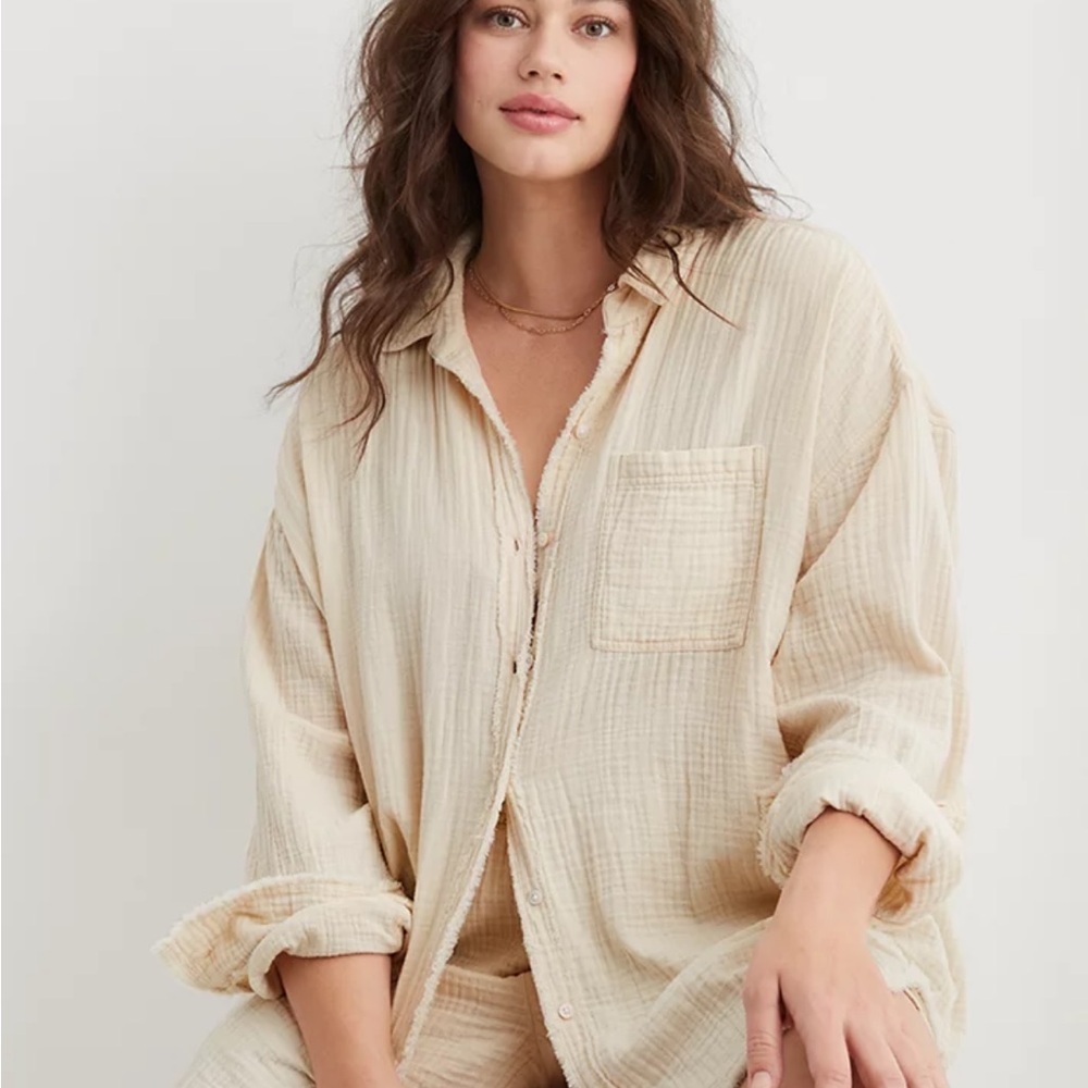 Soft Oat Aerie Pool-To-Party Cover Up Shirt